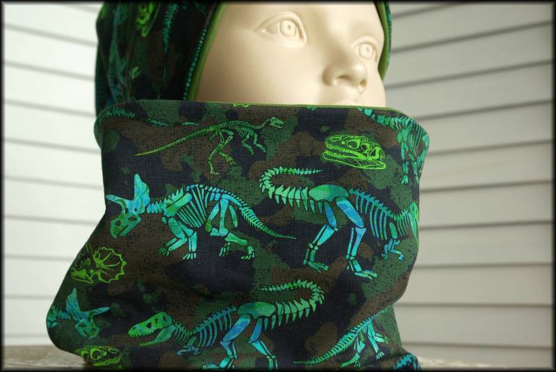 Kindermütze Beanie Loop Mit Dinos Dinosauria Grün Blau Baumwolle Babymütze Warm Kuschelig Fleece Wintermütze von AccessoriDE