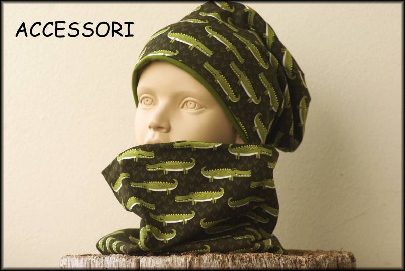 Kindermütze Beanie Loop Mit Krokodil Grün Baumwolle Babymütze Warm Kuschelig Fleece Wintermütze von AccessoriDE