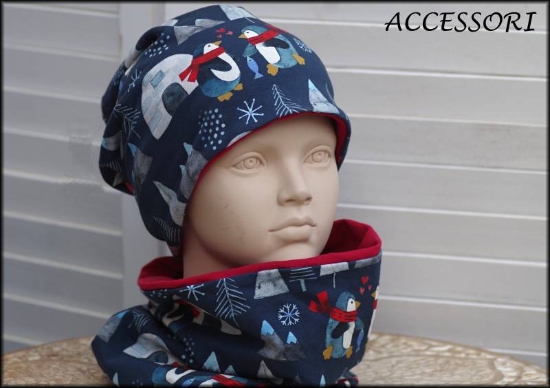 Kindermütze Beanie Loop Mit Pinquin Dunkel Blau Rot Baumwolle Babymütze Warm Kuschelig Fleece Wintermütze von AccessoriDE