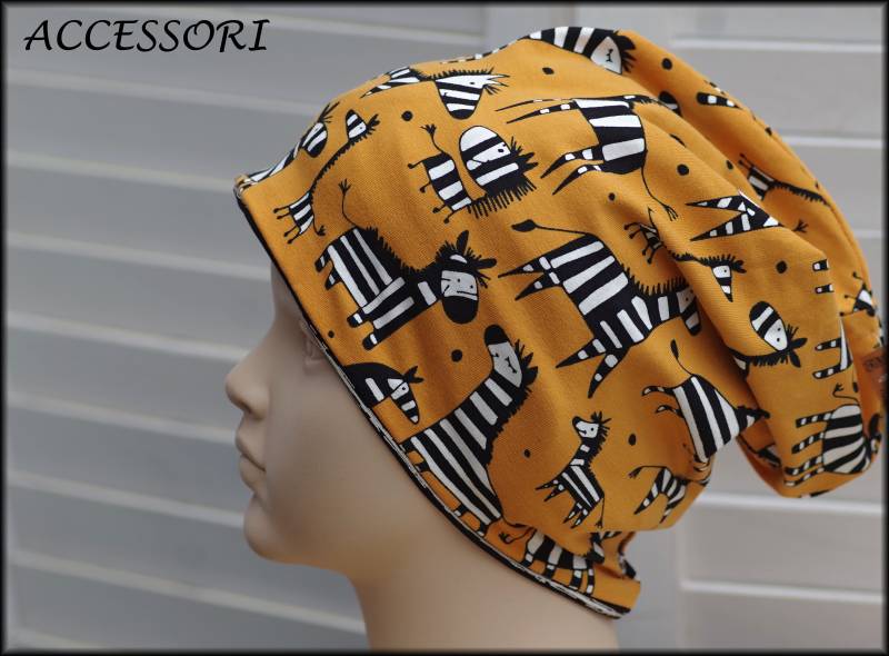 Kindermütze Beanie Loop Mit Zebra Gelb Schwarz Weiss Gestreift Baumwolle Babymütze von AccessoriDE