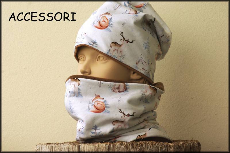 Kindermütze Beanie Loop Waldtiere Hirsch Fuchs Hase Bär Creme Weiss Braun Baumwolle Babymütze Warm Kuschelig Fleece Wintermütze von AccessoriDE