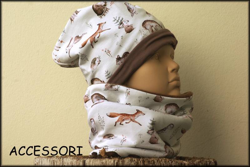 Kindermütze Beanie Loop Waldtiere Reh Eule Fuchs Hase Creme Weiss Braun Baumwolle Babymütze Warm Kuschelig Fleece Wintermütze von AccessoriDE