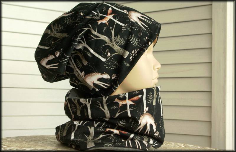 Kindermütze Beanie Loop Waldtiere Reh Fuchs Eule Igel Schwarz Braun Baumwolle Babymütze Warm Kuschelig Fleece Wintermütze von AccessoriDE