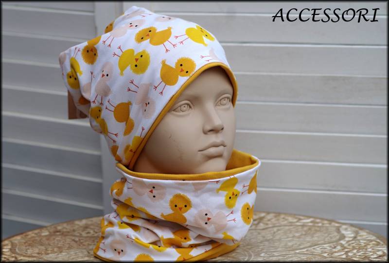 Kindermütze Beanie Loop Weiss Gelb Kücken Baumwolle Babymütze Warm Kuschelig Fleece Wintermütze von AccessoriDE