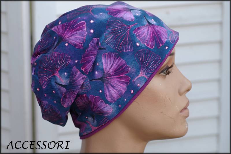 Mütze Beanie Doppelmütze Wendemütze Blau Lila Mit Ginkgo Geblümt Baumwolljersey von AccessoriDE