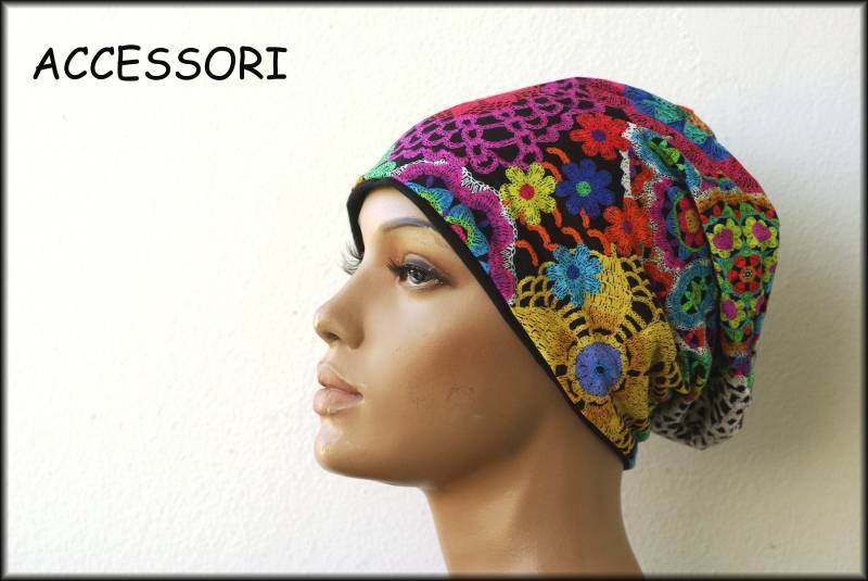 Mütze Beanie Doppelmütze Wendemütze Bunt Boho Hippie Geblümt Retromuster Viskosejersey Baumwolljersey von AccessoriDE