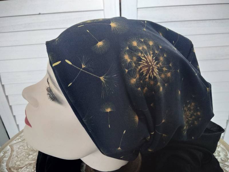 Mütze Beanie Doppelmütze Wendemütze Dunkel Blau Senf Gelb Mit Pusteblumen Geblümt Baumwolljersey von AccessoriDE