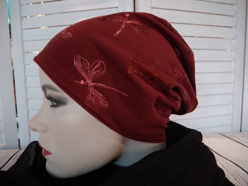 Mütze Beanie Doppelmütze Wendemütze Dunkel Rot Mit Libellen Glitzer Baumwolljersey von AccessoriDE