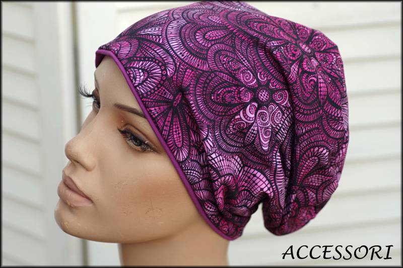 Mütze Beanie Doppelmütze Wendemütze Fuchsia Schwarz Mandala Geblümt Baumwolljersey von AccessoriDE