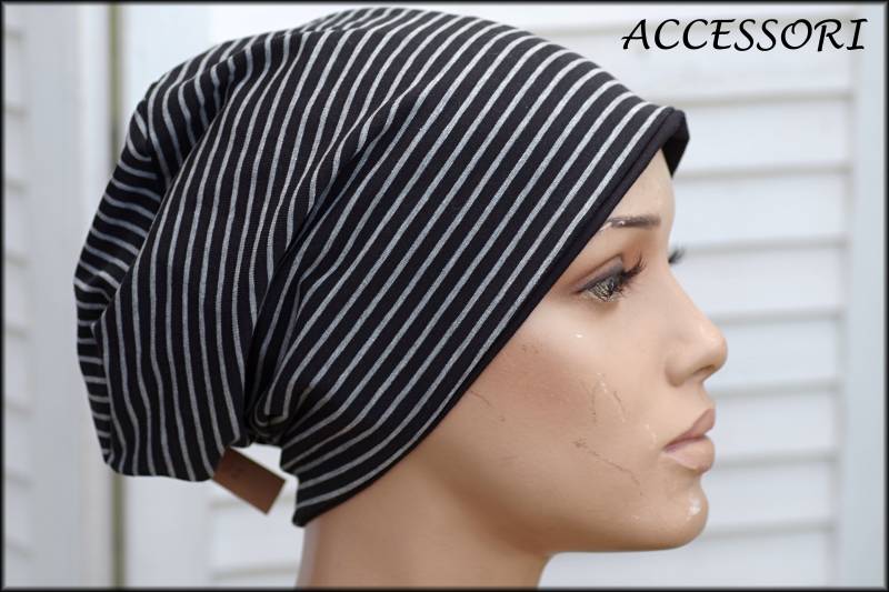 Mütze Beanie Doppelmütze Wendemütze Gestreift Schwarz Grau Streifen Baumwolljersey von AccessoriDE