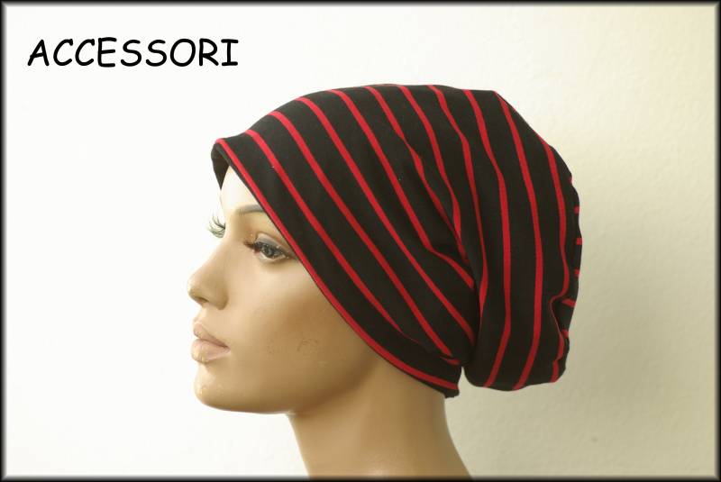 Mütze Beanie Doppelmütze Wendemütze Gestreift Schwarz Rot Streifen Baumwolljersey von AccessoriDE