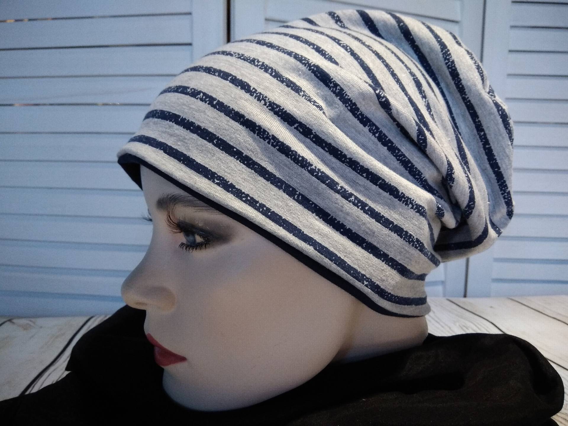 Mütze Beanie Doppelmütze Wendemütze Hell Grau Dunkel Blau Gestreift Baumwolljersey von AccessoriDE