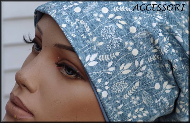 Mütze Beanie Doppelmütze Wendemütze Hellblau Weiss Mit Pusteblumen Baumwolljersey von AccessoriDE