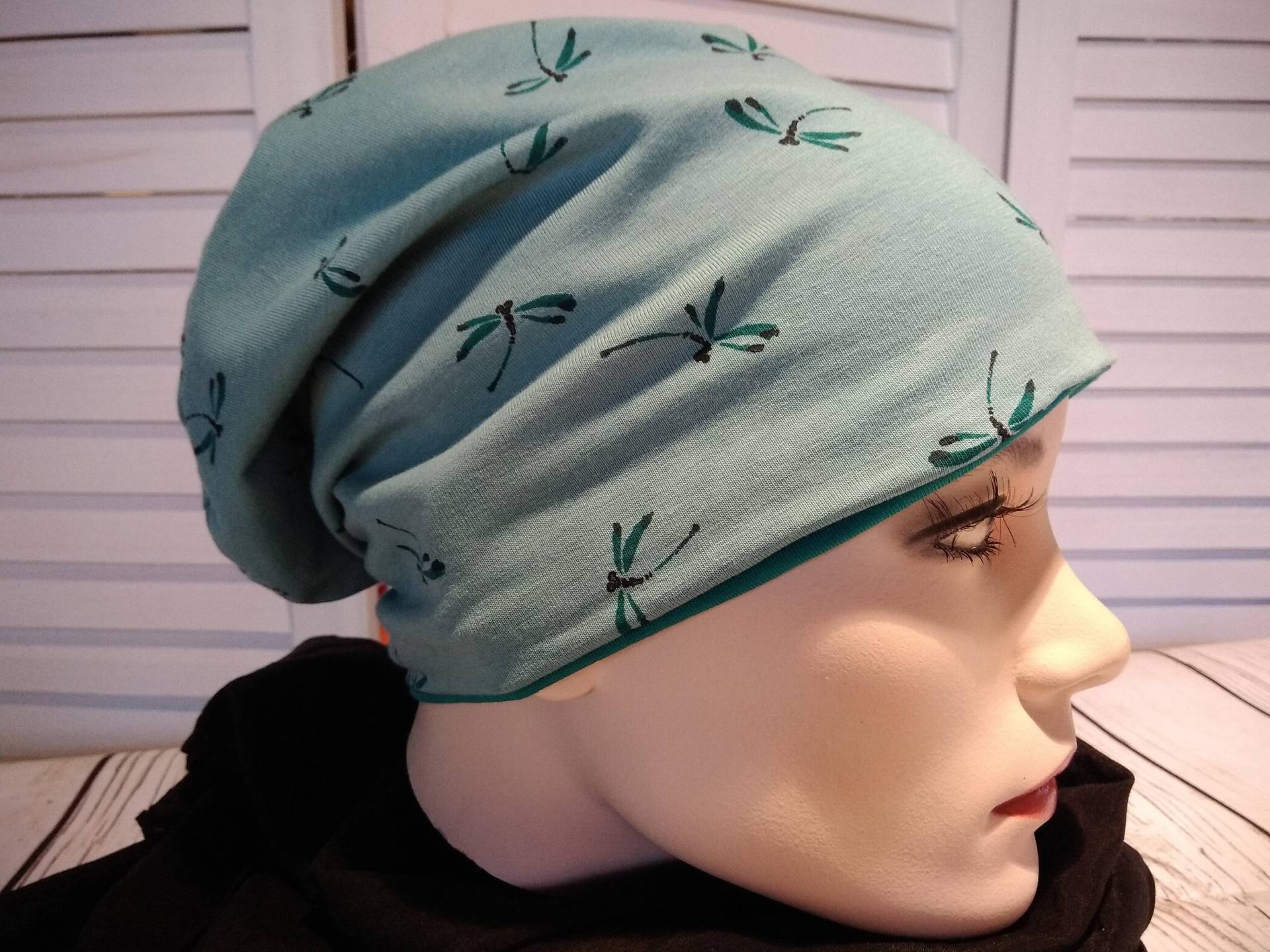 Mütze Beanie Doppelmütze Wendemütze Mint Grün Mit Libellen Baumwolljersey von AccessoriDE