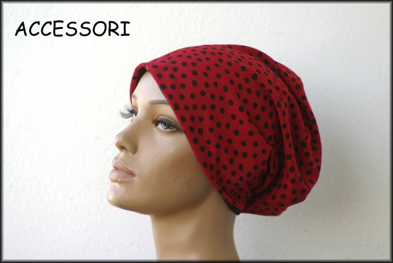 Mütze Beanie Doppelmütze Wendemütze Punkte Rot Schwarz Gepunktet Baumwolljersey von AccessoriDE