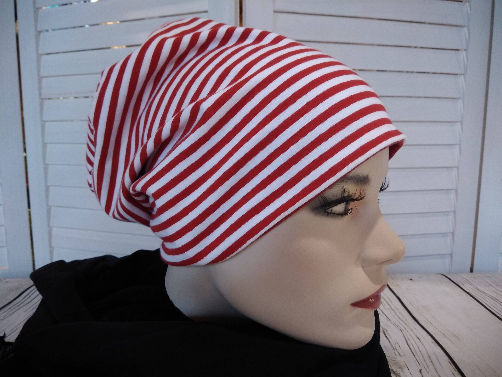 Mütze Beanie Doppelmütze Wendemütze Rot Weiß Gestreift Baumwolljersey von AccessoriDE