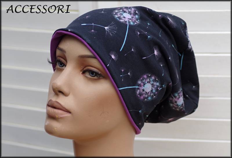 Mütze Beanie Doppelmütze Wendemütze Schwarz Lila Türkis Mit Pusteblumen Geblümt Baumwolljersey von AccessoriDE