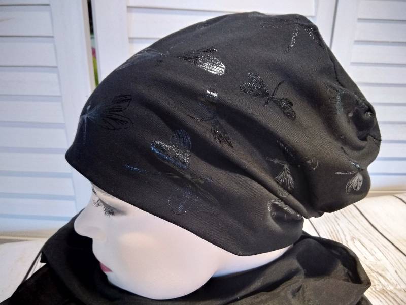 Mütze Beanie Doppelmütze Wendemütze Schwarz Mit Libellen Glitzer Baumwolljersey von AccessoriDE