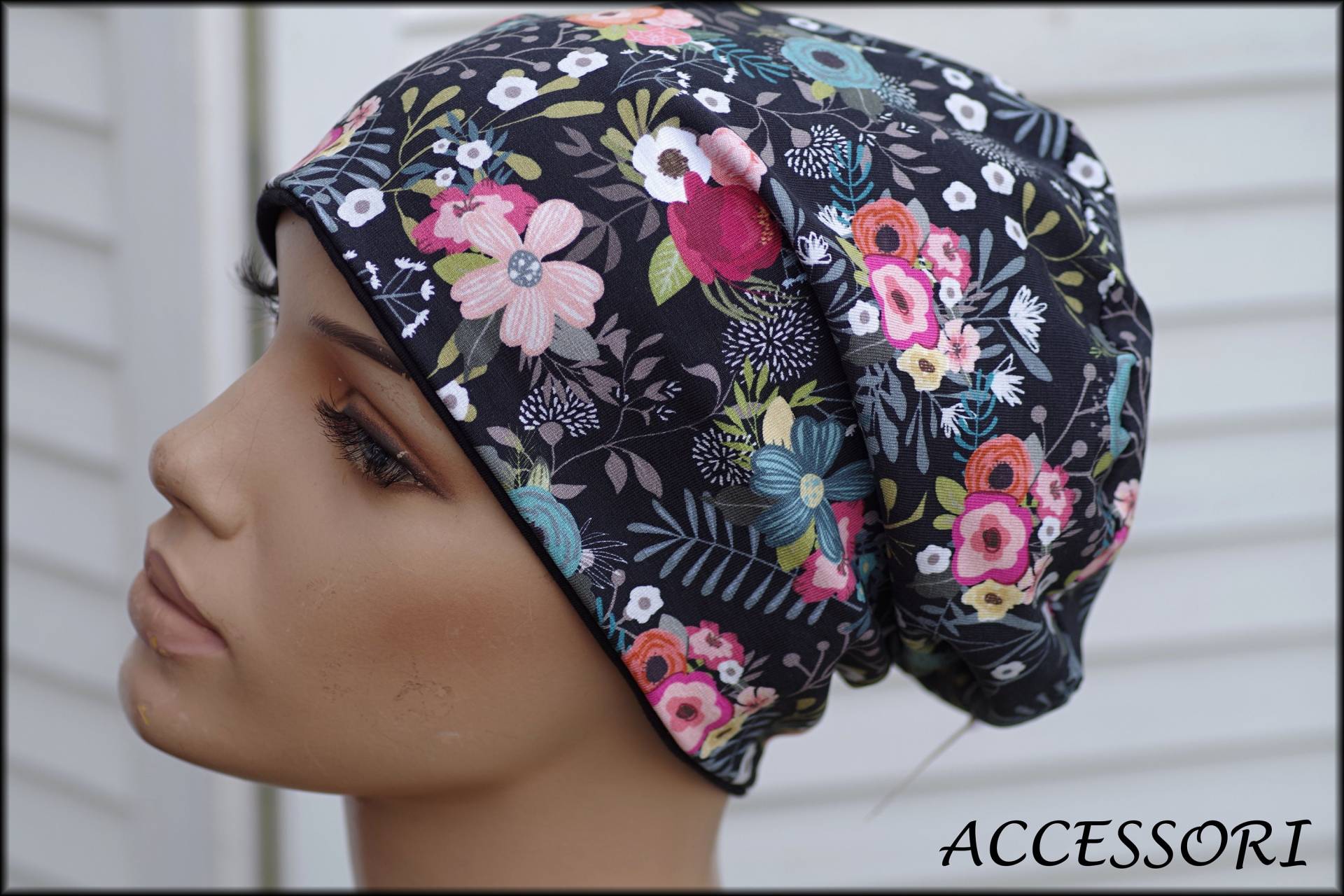 Mütze Beanie Doppelmütze Wendemütze Schwarz Petrol Geblümt Baumwolljersey von AccessoriDE