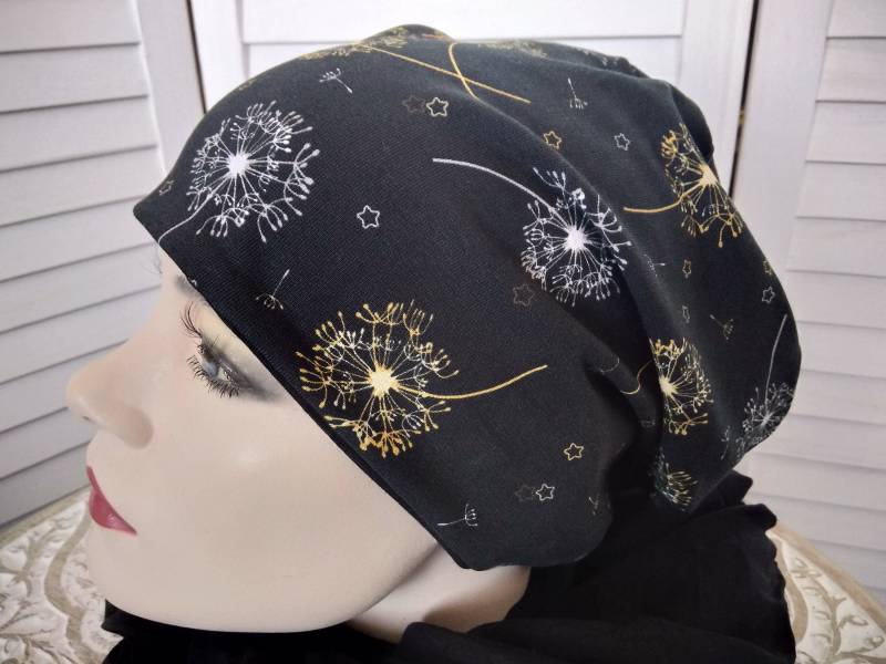 Mütze Beanie Doppelmütze Wendemütze Schwarz Weiß Senf Gelb Mit Pusteblumen Geblümt Baumwolljersey von AccessoriDE