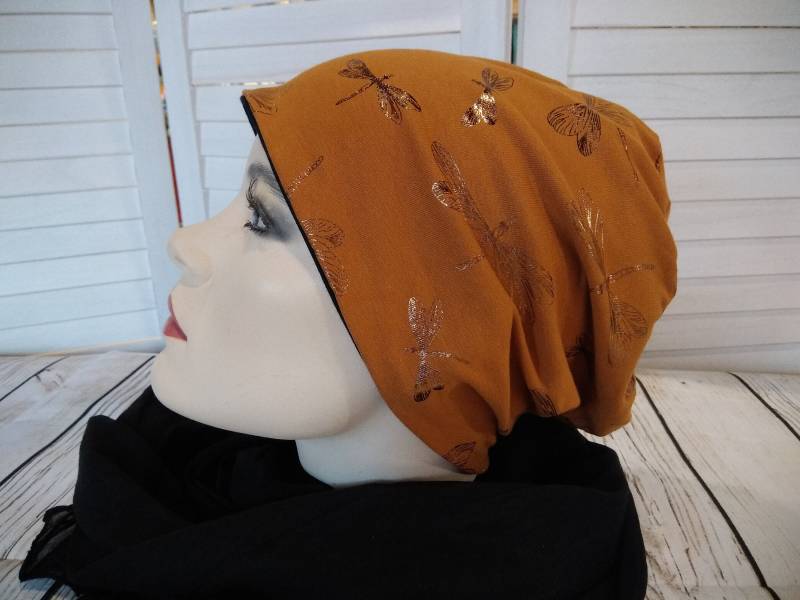 Mütze Beanie Doppelmütze Wendemütze Senf Gelb Schwarz Mit Libellen Glitzer Baumwolljersey von AccessoriDE