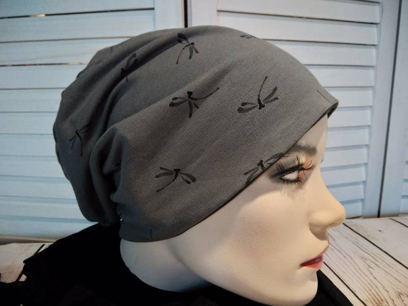 Mütze Beanie Doppelmütze Wendemütze in Khaki Grau Mit Libellen Baumwolljersey Mütze Beanie Doppelmütze Wendemütze in Khaki Grau Mit Libellen Baumwolljersey von AccessoriDE