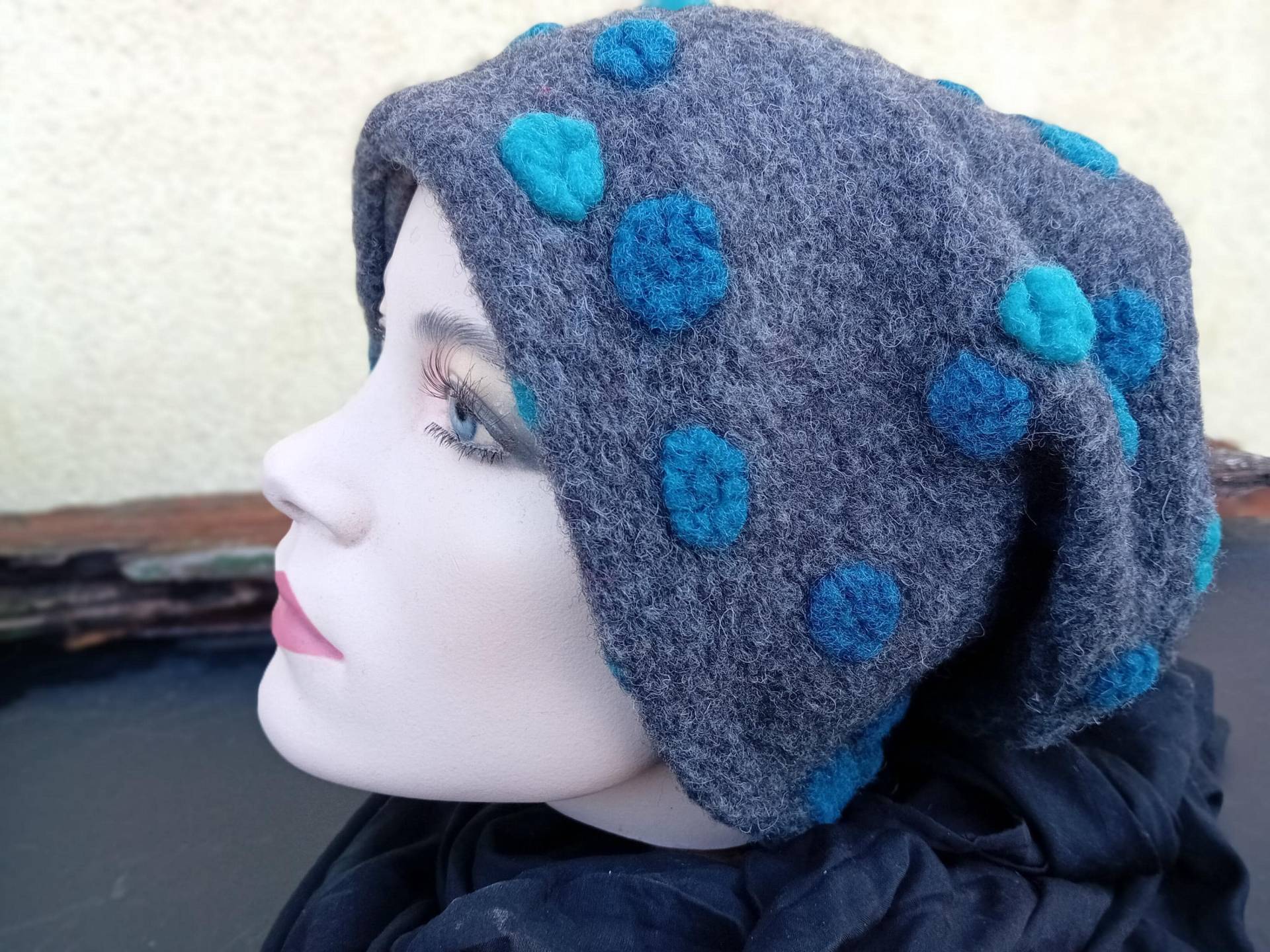 Wollmütze Mütze Beanie Wolle Gepunktet Grau Blau Türkis Warm Gefüttert Mit Fleece Kuschelig von AccessoriDE