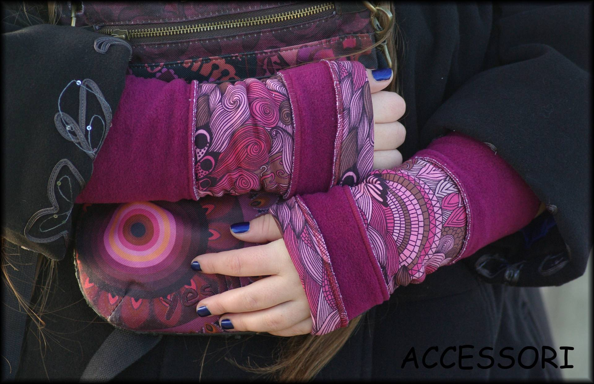 stulpen Armstulpen Handstulpen Wendestulpen Beideseitig Fuchsia Polar Fleece Patchwork Handwärmer Weich Warm Kuschelig von AccessoriDE