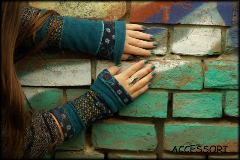 stulpen Armstulpen Handstulpen Wendestulpen Beideseitig Petrol Polar Fleece Patchwork Viskosejersey Handwärmer Weich Warm Kuschelig von AccessoriDE