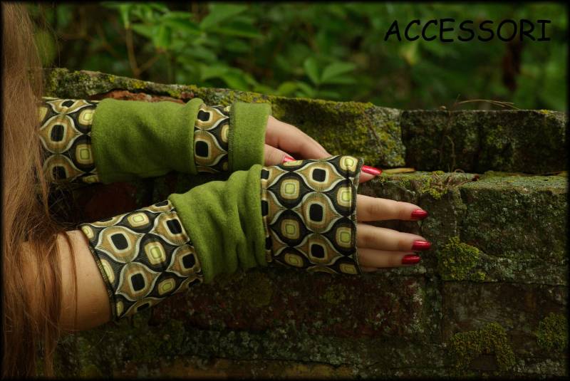 stulpen Armstulpen Handstulpen Wendestulpen Beideseitig Pistazien Grün Schwarz Retro Polar Fleece Patchwork Handwärmer Weich Warm Kuschelig von AccessoriDE