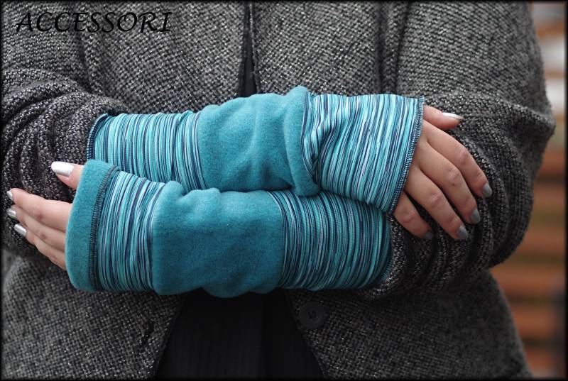 stulpen Armstulpen Handstulpen Wendestulpen Beideseitig Türkis Hell Blau Gestreift Polar Fleece Patchwork Handwärmer Weich Warm Kuschelig von AccessoriDE