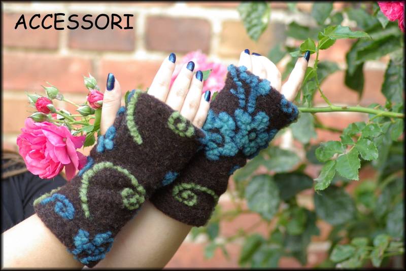 stulpen Armstulpen Mit Daumenloch Walk Blau Grün Geblümt Wolle Sehr Leicht von AccessoriDE