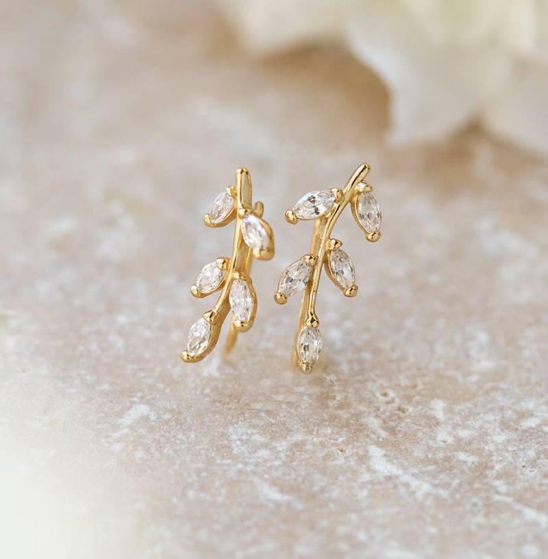 Blattkristallohrringe, Goldohrringe, Ohr Kletterer Krabbel E247 von AccessoriesAtelier