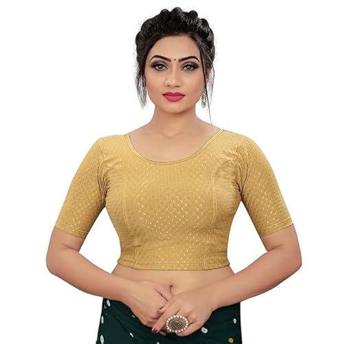 Accessorize Kingdom Rundhals-Dobby-Baumwoll-Lycra, dehnbar, Ellenbogenärmel, fertige Saree-Bluse für Damen, stilvoll (Einheitsgröße), Beige., Einheitsgröße von Accessorize Kingdom