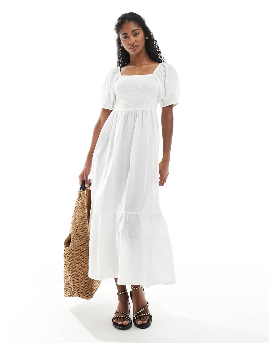 Accesorize - Gesmoktes Kleid in Weiß mit Puffärmeln und Stickerei von Accessorize