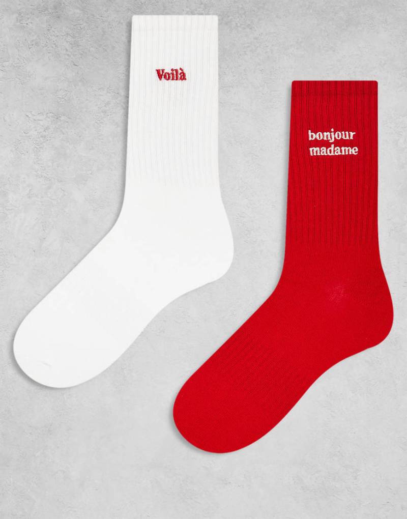 Accessorize - 2er-Pack Socken in Rot und Weiß mit aufgesticktem Text von Accessorize