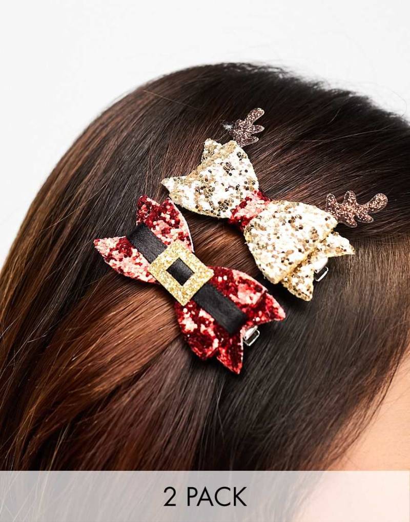 Accessorize - 2er-Pack Weihnachtshaarspangen mit glitzernder Schleife in Rot und Goldoptik-Bunt von Accessorize