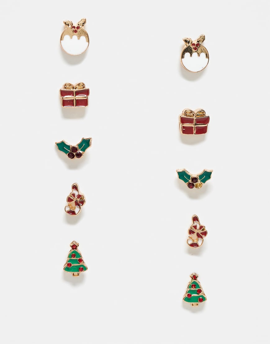 Accessorize - 5er-Pack weihnachtliche Ohrstecker in verschiedenen Farben-Bunt von Accessorize