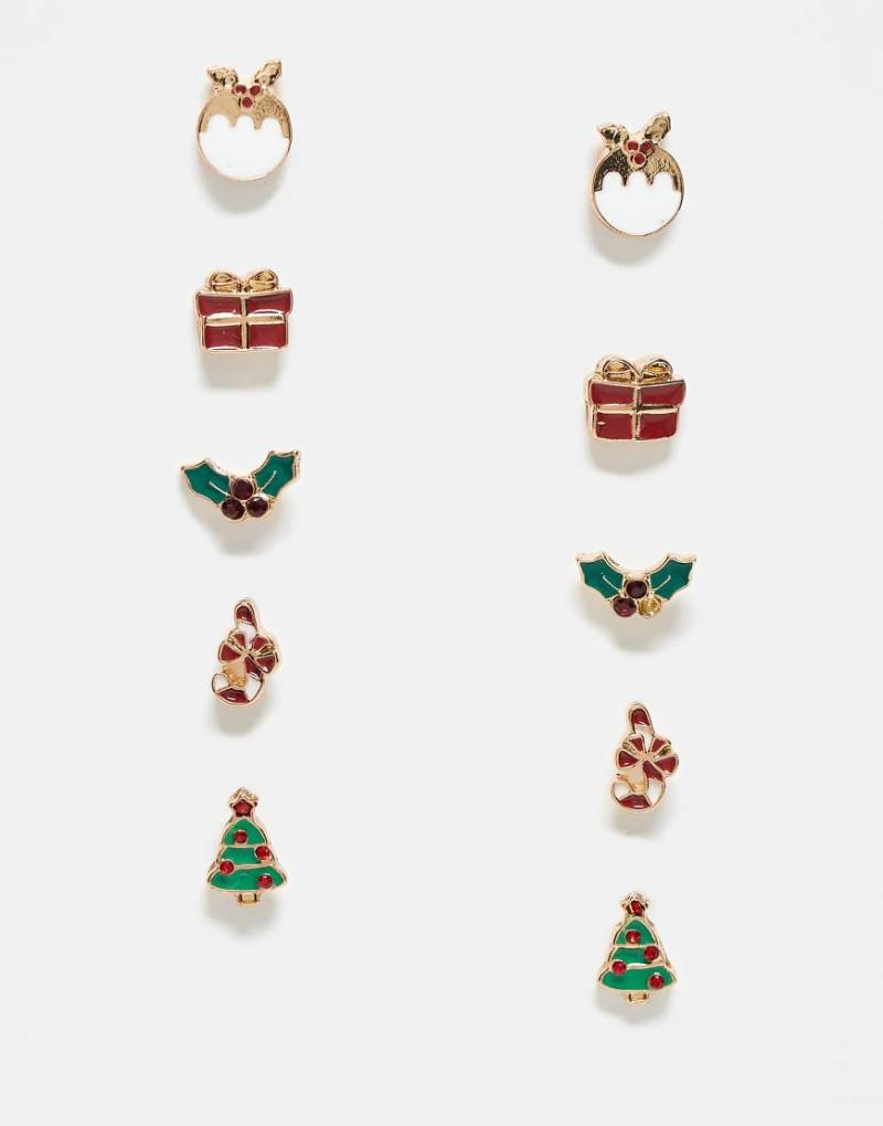 Accessorize - 5er-Pack weihnachtliche Ohrstecker in verschiedenen Farben-Bunt von Accessorize