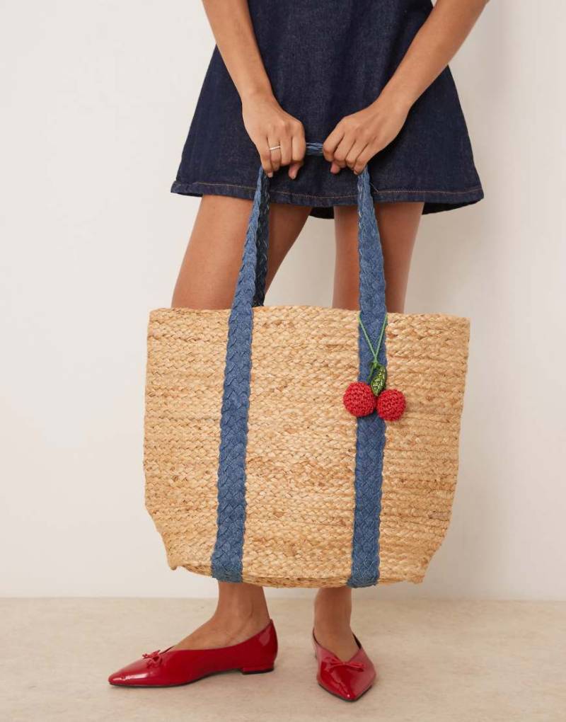 Accessorize - Jute - Schultertasche aus Stroh in Beige mit Jeans-Riemen und Kirsch-Anhänger-Neutral von Accessorize