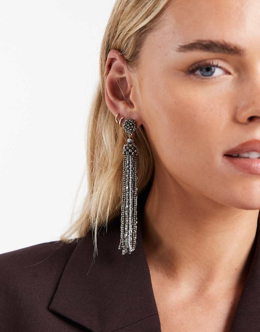 Accessorize - Lange Ohrhänger in Zinnfarben mit Perlenquasten-Grau von Accessorize