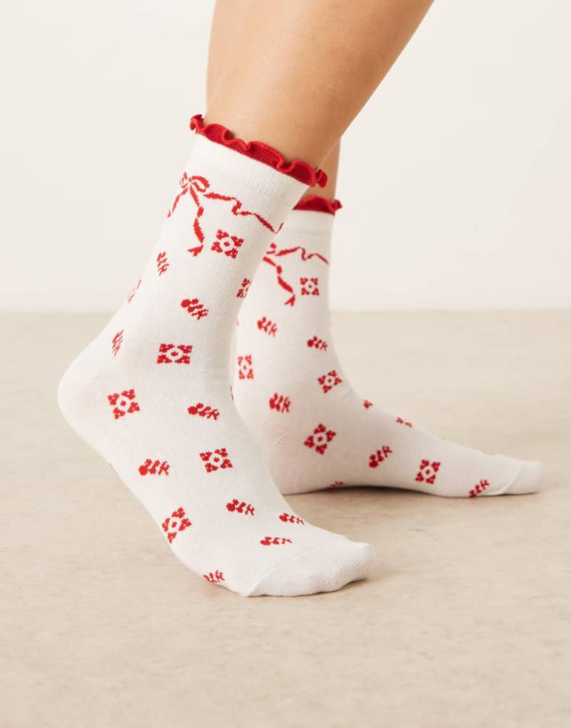Accessorize - Socken in Weiß mit rotem Schleifenmuster von Accessorize
