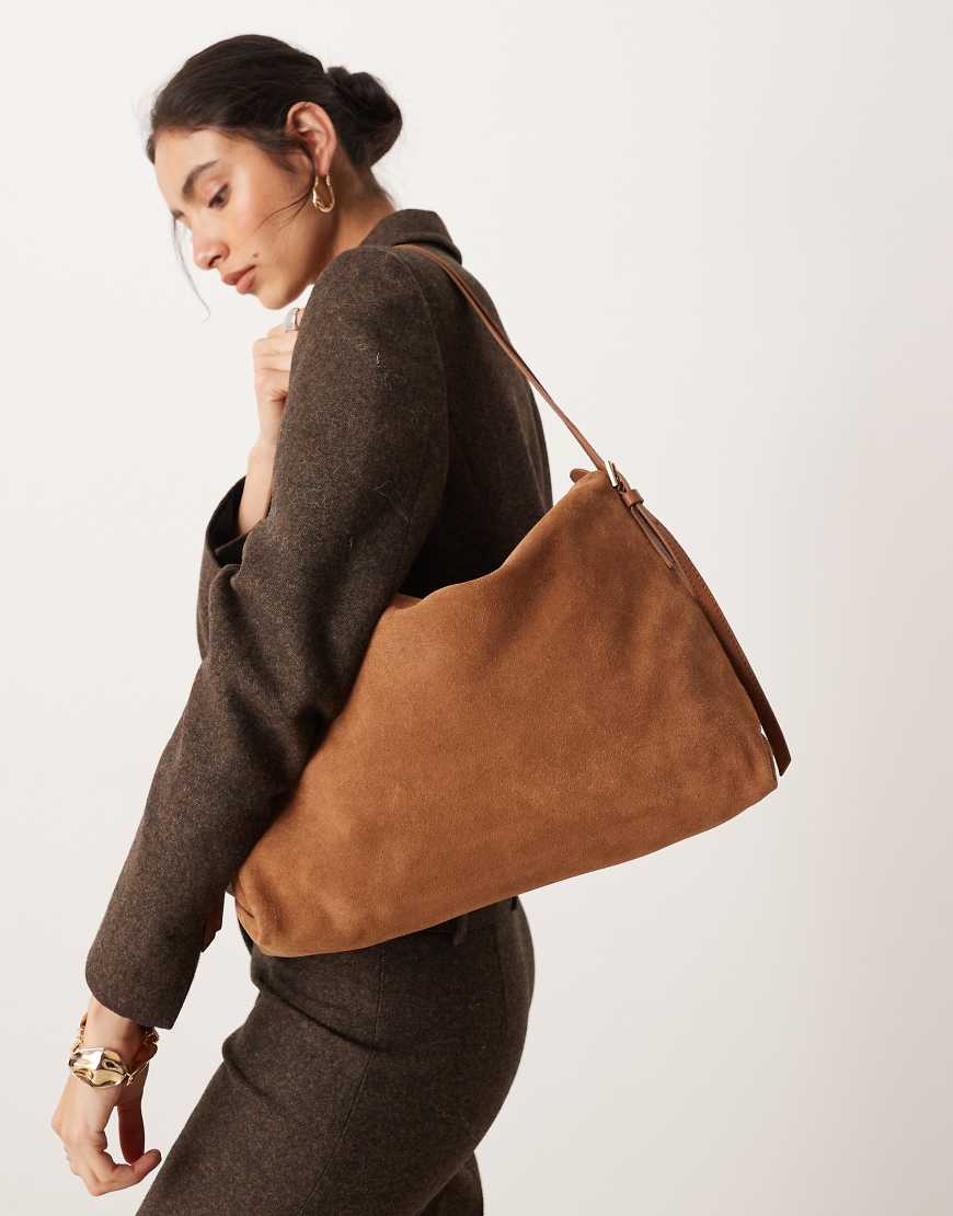 Accessorize - Weiche Schultertasche aus Wildleder in Hellbraun mit Doppelhenkel-Schwarz von Accessorize