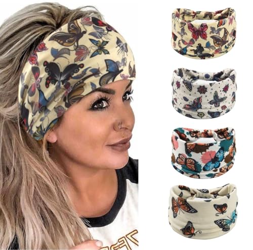 Accesyes Breites Boho-Stirnband, geknotet, Yoga, Haarband, Sport, Bandeau, dicke afrikanische Kopfwickel, Stretchbänder, Haarschal, 4 Stück (Schmetterling, Einheitsgröße) von Accesyes