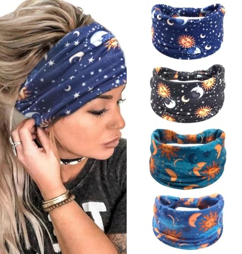 Accesyes Breites Boho-Stirnband, geknotet, Yoga, Haarband, Sport, Bandeau, dicke afrikanische Kopfwickel, Stretchbänder, Haarschal, 4 Stück (Sonne und Mond, Einheitsgröße) von Accesyes
