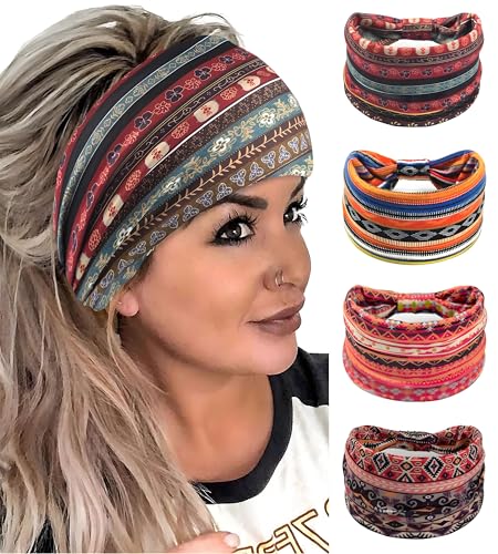 Accesyes Breites Boho-Stirnband, geknotet, Yoga-Haarbänder, Sport, Bandeau, dicke afrikanische Kopfwickel, Stretchbänder, Haarschal, groß, rutschfest, Bandana, 4 Stück (Böhmen, Einheitsgröße) von Accesyes