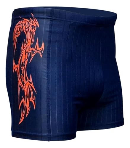 Acclaim Sendai Flat Ribbed Shadow Stripe Boxer Sport Badehose mit Tribal-Print in Premium-Kompressionssport-Passform mit innenliegendem Kordelzug an der Taille, Marineblau/Fluo-Orange, 3XL von Acclaim