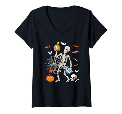 Damen Buchhalter Job Horror Skelett Halloween Kostüm Team T-Shirt mit V-Ausschnitt Damen Buchhalter Job Horror Skelett Halloween Kostüm Team T-Shirt mit V-Ausschnitt von Accountant Halloween Costume