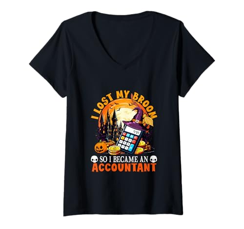 Damen Lost Broom So I Became An Accountant Halloween Witch Lover T-Shirt mit V-Ausschnitt Damen Lost Broom So I Became An Accountant Halloween Witch Lover T-Shirt mit V-Ausschnitt von Accountant Halloween Costume