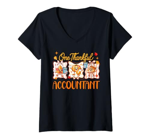 Damen One Thankful Accountant Thanksgiving Herbstblätter Kürbiskuchen T-Shirt mit V-Ausschnitt Damen One Thankful Accountant Thanksgiving Herbstblätter Kürbiskuchen T-Shirt mit V-Ausschnitt von Accountant Thanksgiving Costume